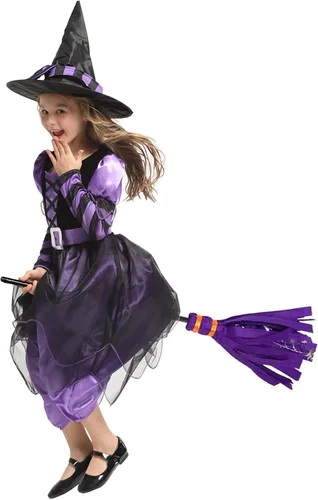 Vista 3 de Witch Costume Girls Halloween Witch Dress Costumes Kids Deluxe Witch Hat Broomstick Halloween Candy Bags Fancy Dress Up Party