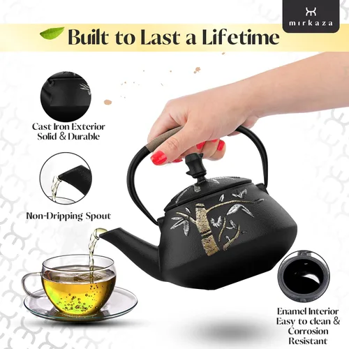 Vista 3 de Hervidor de té, Tetera de hierro fundido con infusor de acero inoxidable, Ollas de té japonesas para la parte superior de la estufa, Patrón único