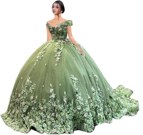 Vista 6 de Mouccy Lujo fuera del hombro vestidos de quinceañera vestido de bola hinchado largo vestidos de baile con tren tul dulce 15 16 vestidos XXF035