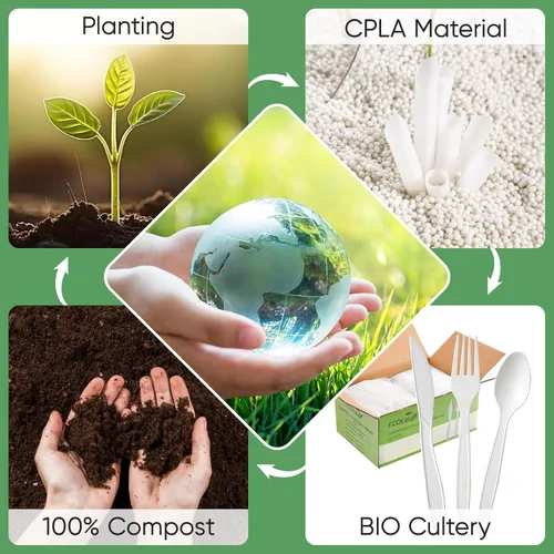 Vista 6 de ECOLipak Juego de cubiertos compostables de 350 piezas, 7 pulgadas, de gran tamaño, biodegradables, desechables, 150 tenedores, 100 cucharas, 100