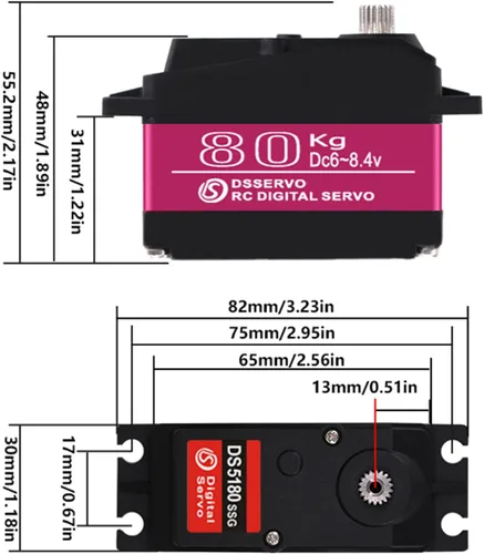 Vista 4 de ZOSKAY 176.4 lbs Digital Servo 8.4V Engranaje de metal de alto voltaje Gran Torque de alta velocidad 1/5 Baja Servo Motor (180 grados)