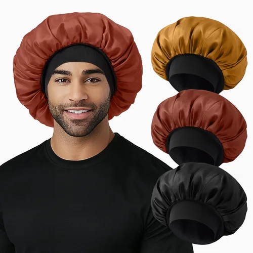 Vista 10 de Gorro para hombre, gorro de doble capa para dormir, gorro de dormir ajustable con banda elástica, gorros de satén de seda para trenzas de cabello