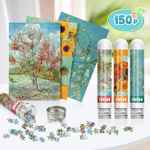 Vista 3 de 150 mini rompecabezas para adultos y niños, rompecabezas pequeños de 6 x 4 pulgadas, ramas de un almendro en flor, el melocotonero rosa, girasoles