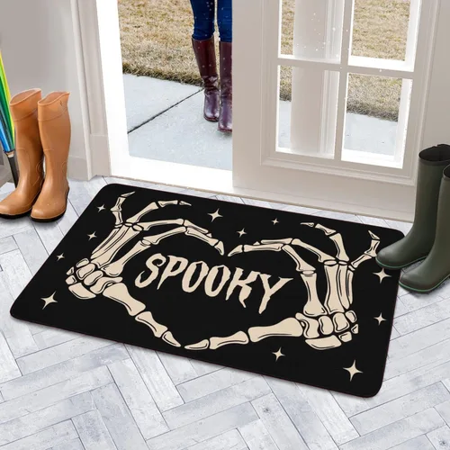 Vista 6 de Tapete de bienvenida para puerta de Halloween, divertido esqueleto para decoración del hogar, antideslizante, para interiores y exteriores, 17 x 30