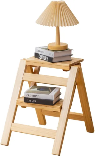 Vista 8 de Latifolia Escalera plegable de 3 escalones, taburete de bambú con protector de suelo, estante decorativo para sala de estar, cocina, jardín