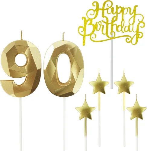 Vista 12 de Velas de cumpleaños doradas con número 20 y velas de estrella de cumpleaños de 7 cm Velas para pastel de cumpleaños en forma de diamante 3D son