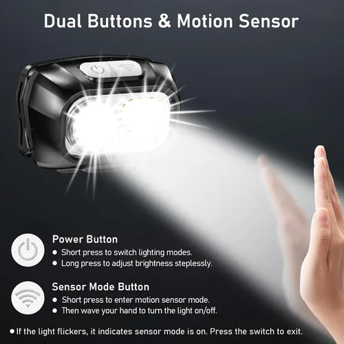 Vista 5 de Blukar Linterna Frontal, LED Recargable Súper Brillante de 2000L - Combinación de Luz Focal y Luz Difusa, Control por Sensor, 8 Modos, Resistente al