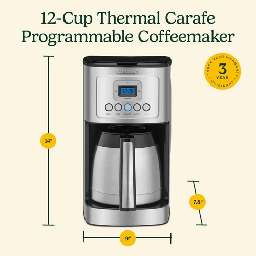 Vista 9 de Cuisinart - Cafetera programable de 12 tazas con jarra térmica DCC-3400P1, acero inoxidable