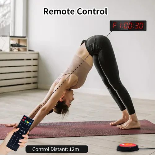 Vista 4 de Temporizador de gimnasio portátil con botón de inicio/parada, cronómetro, temporizador de cuenta regresiva, control remoto, reloj de pared digital
