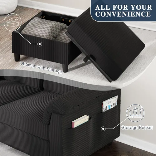 Vista 4 de Sofá modular para sala de estar, sofás seccionales de 79 pulgadas con otomana, sofá en forma de L con reposabrazos bolsillo lateral de Gris