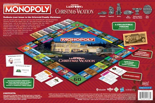 Vista 2 de Monopoly Vacaciones de Navidad de National Lampoons, con fichas temáticas de ardilla, taza de ponche de huevo, motosierra y más, 2-6 jugadores