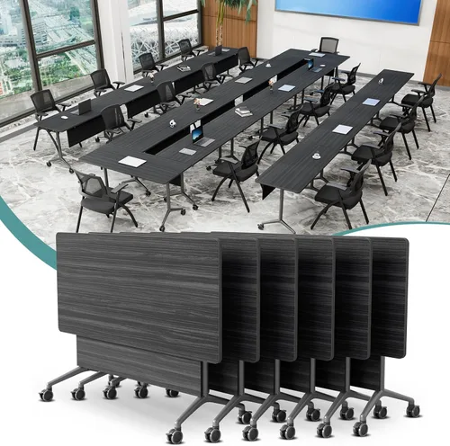 Vista 35 de Mesa de conferencias plegable con ruedas, mesa modular para sala de conferencias con 2 ojales para cables, mesas móviles de sala de reuniones