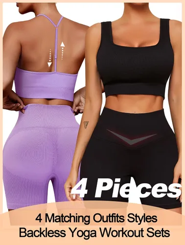 Vista 2 de Conjuntos de entrenamiento para mujer, 4 piezas, sin costuras, espalda descubierta, brasier deportivo, cintura alta, corto, yoga, gimnasio, conjunto