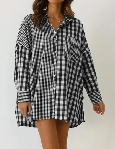 Vista 9 de ZESICA Women's Casual Plaid Patchwork Long Sleeve Button Down Oversized Shirt Blouse Top