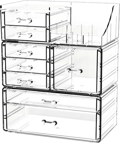 Vista 9 de Organizador de maquillaje pequeño de acrílico con cajones, organizador de cuidado de la piel transparente para tocador, cómoda, encimera de baño