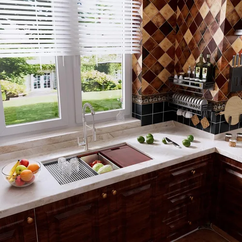 Vista 4 de Fregadero de cocina moderno con estación de trabajo de calibre 18 de 30 pulgadas, fregadero de cocina R10 de acero inoxidable de radio ajustado