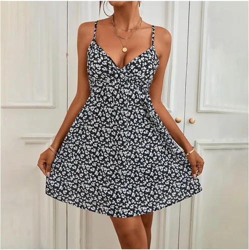 Vista 2 de Esopkuu Vestido corto de verano para mujer, sexy, casual, con cuello en V profundo, floral, tirantes delgados, para fiesta, playa