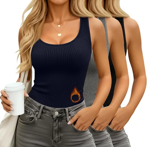 Vista 11 de Paquete de 3 camisetas térmicas sin mangas acanaladas para mujer, de forro polar de algodón, cuello redondo, ajustadas, capa base de camisola
