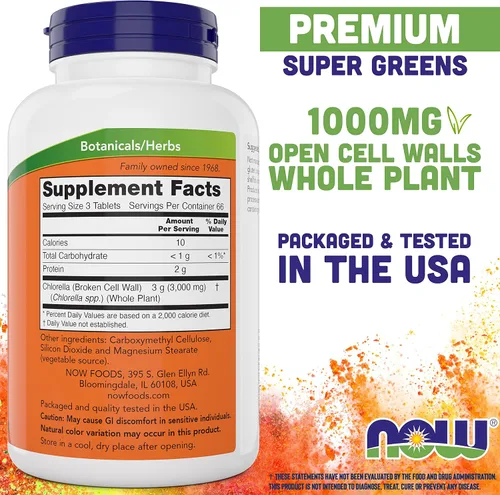 Vista 2 de Now Chlorella Tablets, 1000 mg, 200 tabletas - Microalgas de primera calidad sin OMG - Suplemento superalimenticio verde