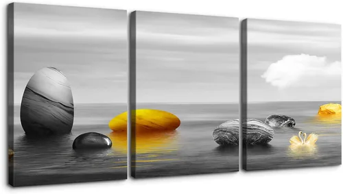 Vista 10 de Wewejia 3 piezas de lienzo gris para pared, calma/relajación, piedras zen doradas, cielo, pájaros, lago, niebla, luna llena, póster, arte de pared