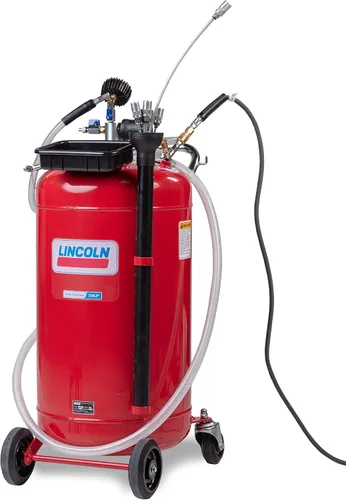 Vista 2 de Lincoln 3637 tanque de 25 galones neumático portátil autoevacuante para fluidos, operado por aire comprimido Venturi, regulador incorporado, bandeja