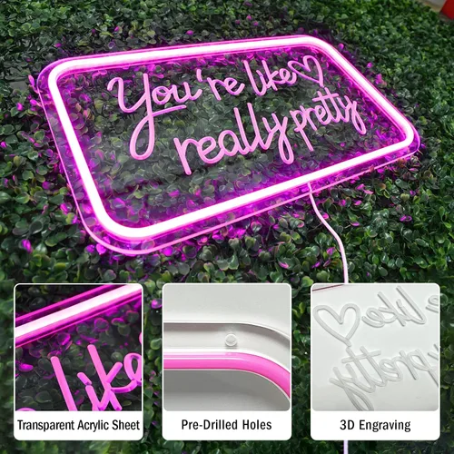 Vista 2 de Letrero de neón con texto en inglés "You're Like Really Pretty Neon", luz de neón LED rosa con atenuador y alimentación USB, decoración de pared