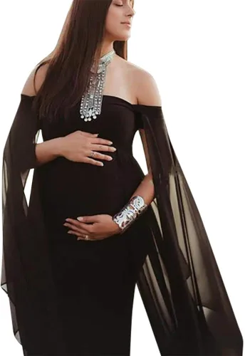 Vista 2 de Vestido de maternidad elegante con hombros descubiertos para mujer vestido de maternidad ajustado de gasa manga acampanada vestido de fotografía