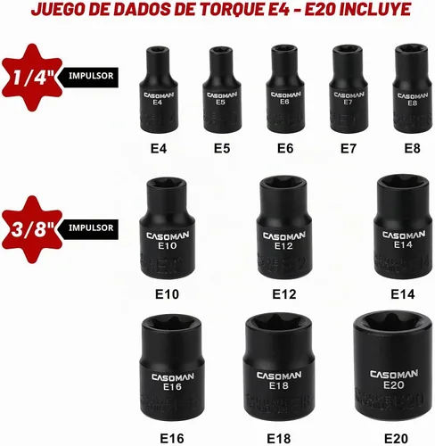 Vista 3 de CASOMAN 11PCS hembra Torx Socket Set, E Torx & Star Socket Set con riel, E4 - E20 Torque Sockets