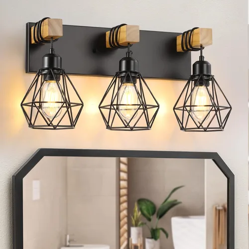 Vista 20 de Lámparas blancas para tocador de baño, luminarias de baño de madera de 2 luces sobre el espejo, apliques rústicos de pared con elegante pantalla