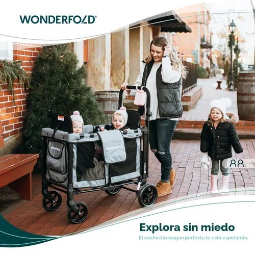 Vista 2 de WONDERFOLD W2 - Cochecito doble original con 2 asientos altos cara a cara con arneses de 5 puntos, puerta frontal con cremallera de fácil acceso
