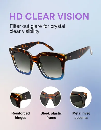 Vista 56 de zeroUV - Gafas de sol cuadradas retro de moda de gran tamaño para mujer estilo vintage 1.969 pulgadas
