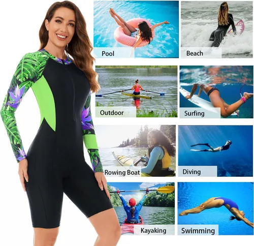 Vista 6 de NESY Traje de baño de una pieza de manga larga para mujer, traje de baño Boyleg Rash Guard UPF 50+, traje de baño deportivo para surf