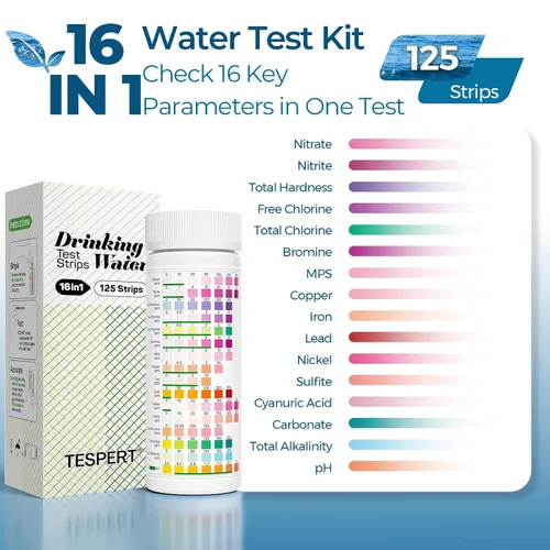 Vista 10 de TESPERT - Tiras de prueba de agua potable, 125 unidades, kit de prueba de agua de pozo de grifo para el hogar 30s Quick Screening 16 in 1 Water
