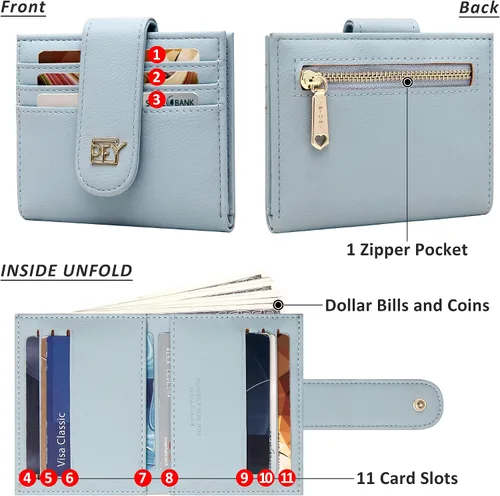 Vista 6 de Badiya Billeteras pequeñas para mujer, plegable, multitarjeta, delgada, tarjetero con cremallera, Azul, Minimalista