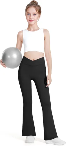 Vista 4 de HASMES Leggings acampanados para niñas con bolsillos, parte inferior acampanada, cintura alta, pantalones de yoga para danza, ropa deportiva