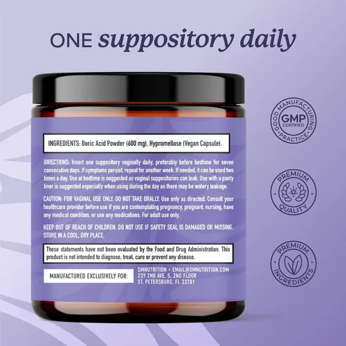 Vista 4 de Supositorios de ácido bórico para mujeres de 600 mg Equilibrio de pH, olor vaginal y picazón Higiene femenina y apoyo de salud íntima Ácido