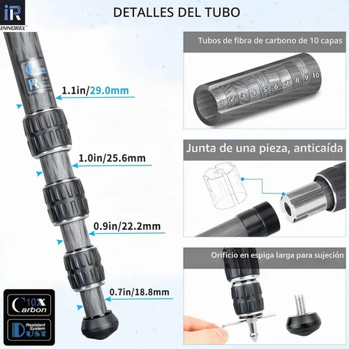 Vista 3 de Trípode de fibra de carbono-INNOREL CT75C - Trípode de viaje portátil profesional compacto para cámara de video digital DSLR, carga de 44.1 lb/20