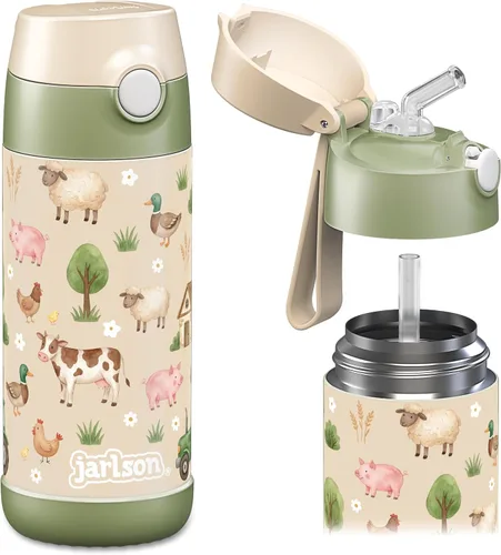 Vista 28 de Jarlson® CHARLI - Botella de agua para niños [12 onzas], botella térmica de acero inoxidable con pajilla, botella de agua aislada a prueba