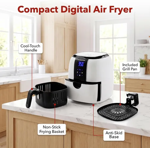 Vista 3 de OVENTE Freidora de aire digital compacta de 3.2 cuartos de galón, potencia Blanco