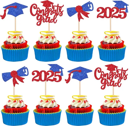 Vista 11 de 24 piezas 2026 temáticas de graduación 2026 decoraciones para cupcakes con purpurina clase de 2026 Diploma Congrats 2026 Tapa de graduación