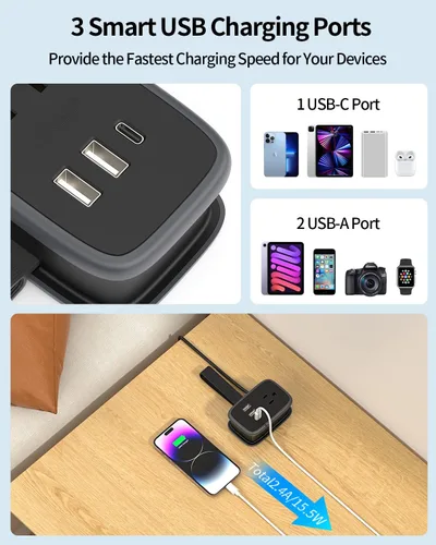 Vista 9 de NTONPOWER - Regleta de alimentación de viaje con puerto USB C, pequeña con enchufe plano, cable de extensión de viaje de múltiples enchufes, regleta