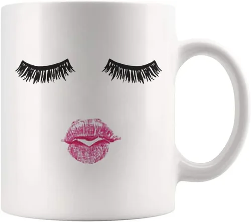 Vista 2 de Fonhark - Taza de café con pestañas y lápiz labial, taza de pestañas, taza femenina, taza de café novedosa de 11 oz, color blanco