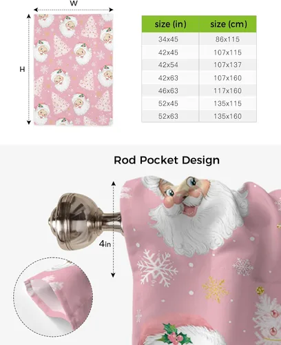 Vista 6 de Cortinas de globo de Navidad de Papá Noel rosa para ventanas, paneles de dormitorio de árbol de Navidad de 54 pulgadas de largo, con aislamiento