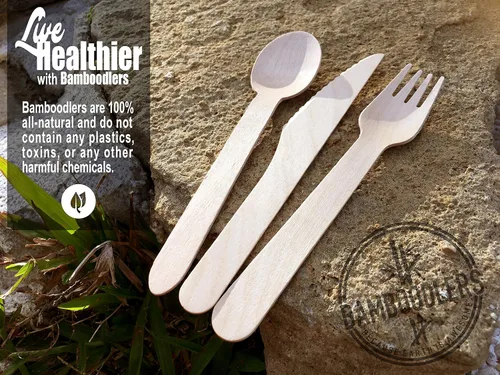 Vista 4 de juego de cubiertos de madera desechables 100 % natural, ecológico, biodegradable y compostable ¡La tierra es genial! 200 utensilios de 6.5