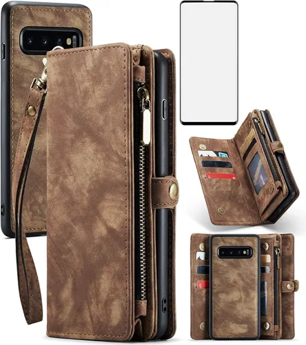Vista 8 de Asuwish Funda de teléfono para Samsung Galaxy S10 con cremallera, funda desmontable con protector de pantalla de vidrio templado y tarjetero Azul