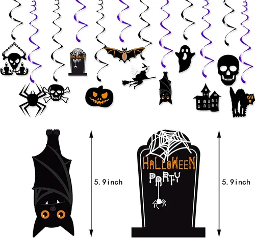 Vista 2 de Decoración para fiesta de Halloween, murciélagos, brujas, serpentinas, 12 piezas espeluznantes de fantasmas, calaveras, esqueletos, calabaza, gatos