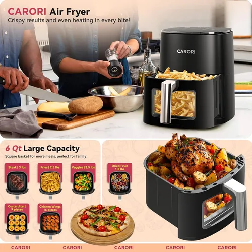 Vista 4 de Freidora de Aire con 12 Preajustes y Ventana de Visualización, Gran Capacidad de 6Qt, Máximo 400℉ para Dorar, Freidora de Aire, Hornear, Asar, Negro