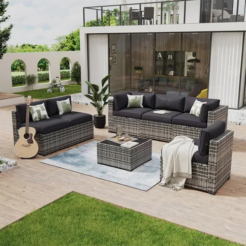 Vista 38 de Aoxun - Juego de 7 piezas de muebles de patio de mimbre de ratán, conjunto de sofá modular para conversación de patio con mesa de café y cojines