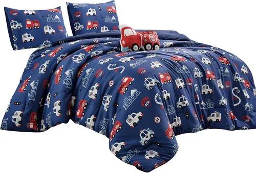 Vista 2 de Juego de edredón de 4 piezas Fire Turck para niños, hermoso diseño de motivos con estampado bordado Motivo bordado de fuego Turck Twin
