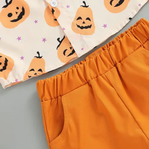 Vista 5 de Conjunto de ropa de 2 piezas con botones de calabaza y solapa para niños pequeños y niños pequeños